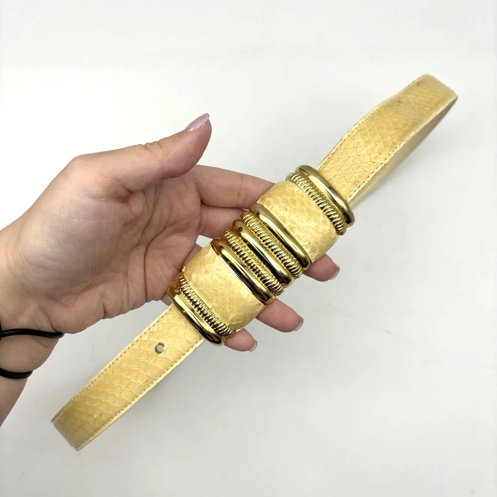 Vintage 80s Leather Shop Cream Genuine Snakeskin Leather Gold Buckle Belt L 34